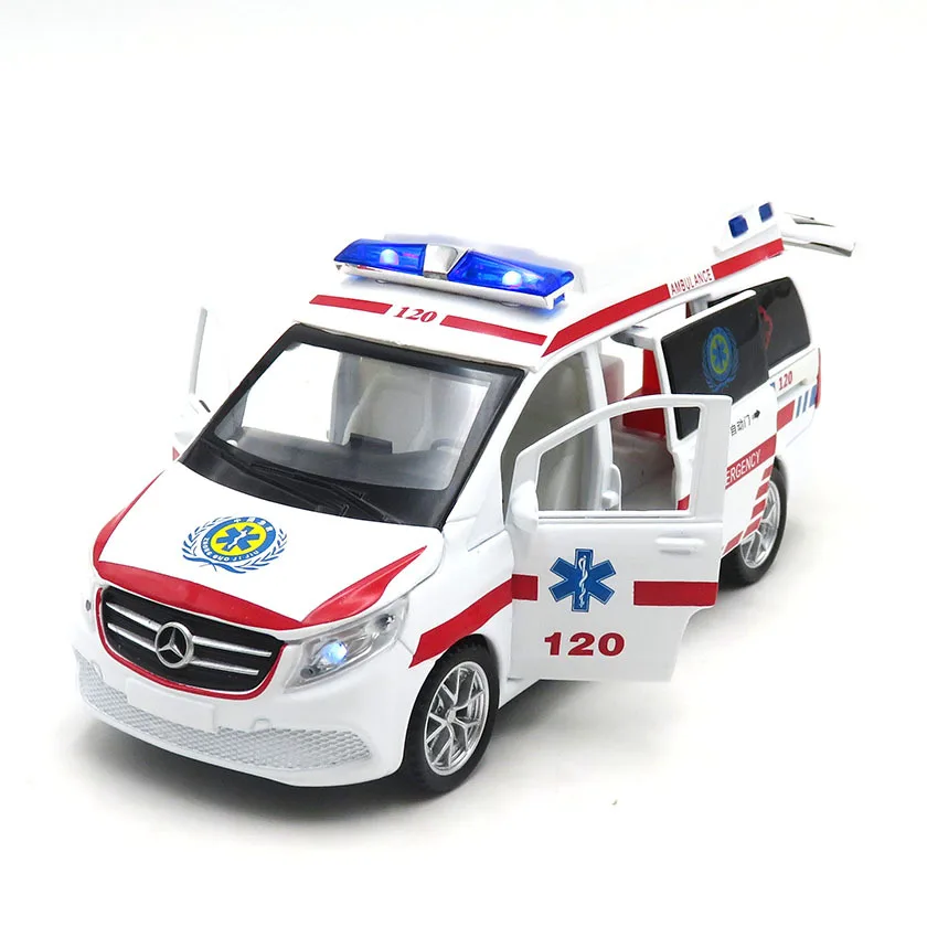 1:32 Benz Ambulance High Simulation Diecast Metal Alloy Model Car Pull Back Sound Light Car Children Gift Collection