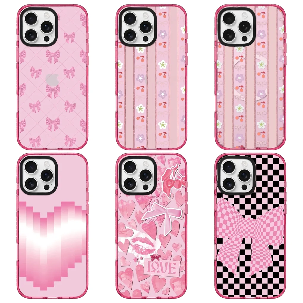 

Pink Bowknot Pink Star Transparent Border Magnetic Phone Case Cover for IPhone 16 15 14 Pro Max Case