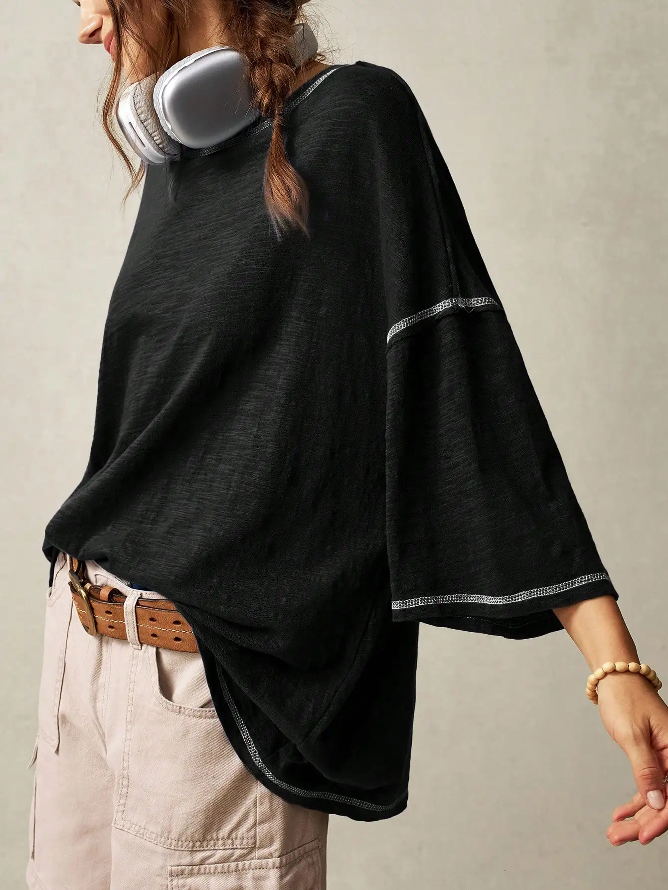 

Повседневная однотонная трикотажная футболка с круглым вырезом и рукавом 3/4, свободного кроя, с эффектом потертости