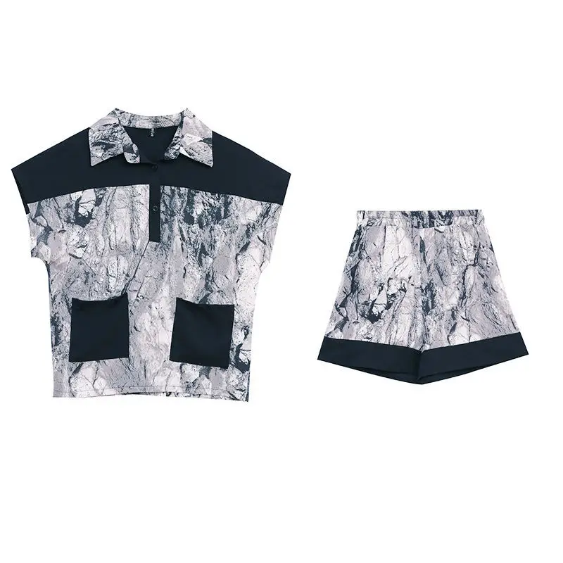 Conjunto elegante de dos piezas para mujer, camisa de manga corta con estampado de bolsillo, informal, para oficina, verano, A24, 2024