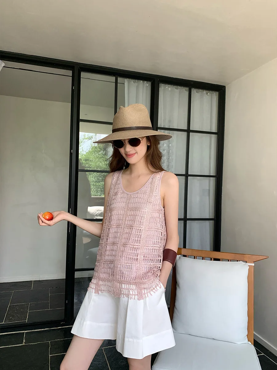 

DT ETOLIE круглый вязаный укороченный топ Ne Svel женская летняя верхняя одежда жилет в полоску в стиле пэчворк дышащий повседневный свободный крой