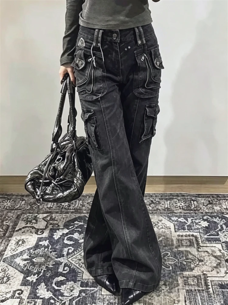 Retro Women Y2K Low Rise Cargo Flare Jeans Vintage Washed Multi Pockets Denim Pants Streetwear Bootcut Trousers Grunge Fashion