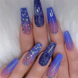 Unhas falsas longas com diamantes, Prensa acrílica removível artificial nas unhas, Gradiente Azul, Stick on Nails, Hot Sale, Conjunto de 24Pcs