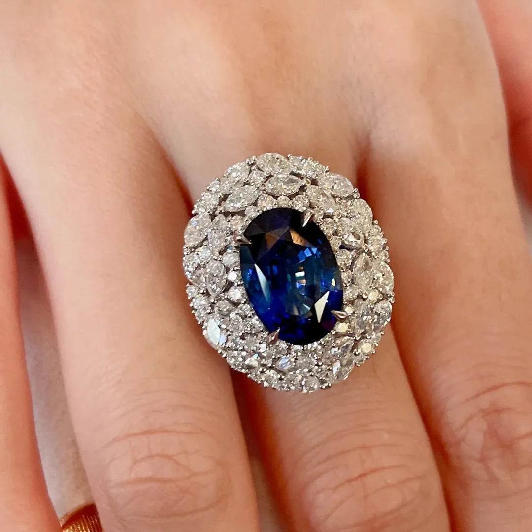 Anillos de zafiro brillantes para mujer, plata clásica de lujo 925, gema azul, anillo elíptico, dijes, joyería de compromiso de boda a la moda