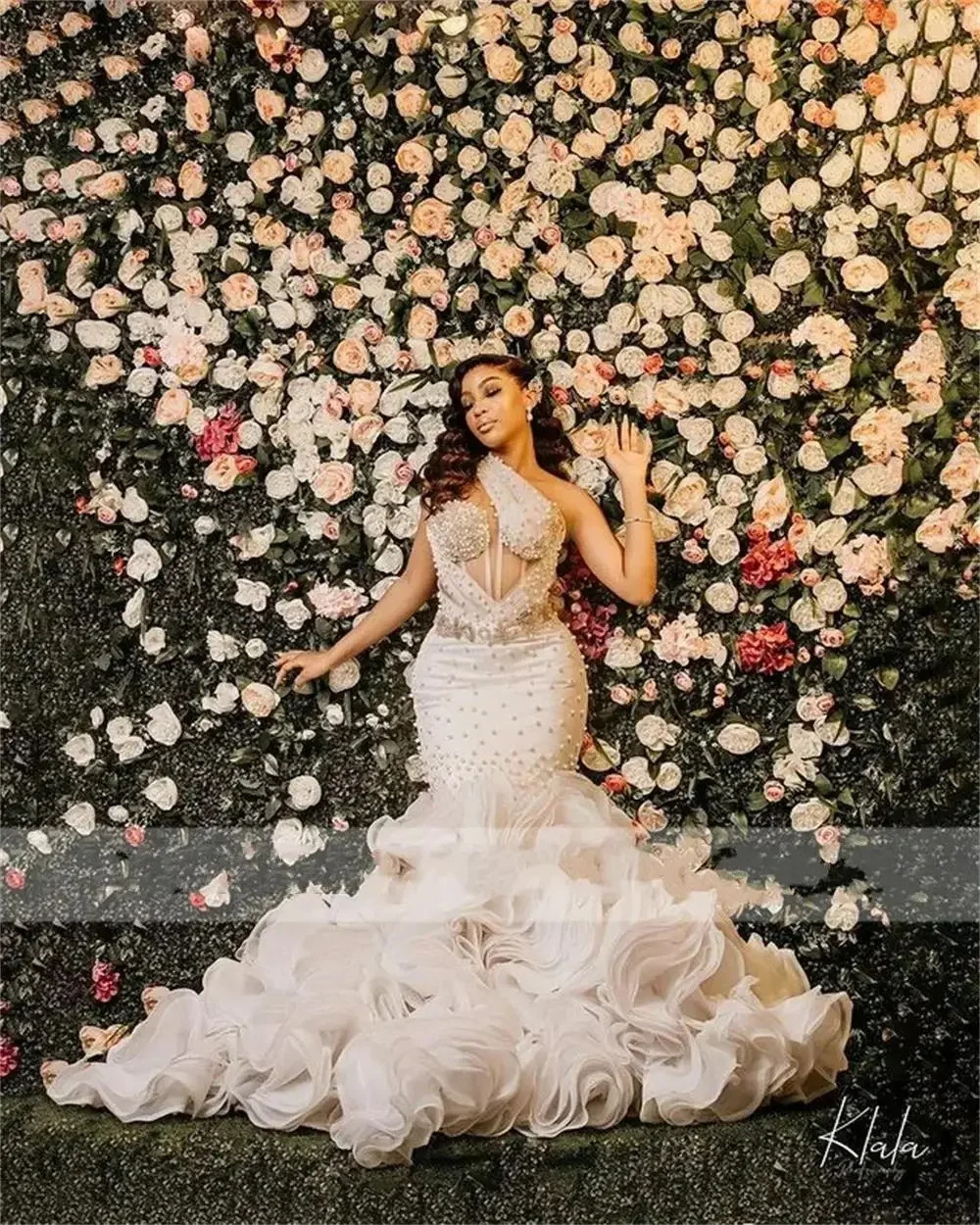 Customized One Shoulder Shinny Pearls See Through   Mermaid Wedding Dresses African Bridal Gowns With Cascading Ruffles