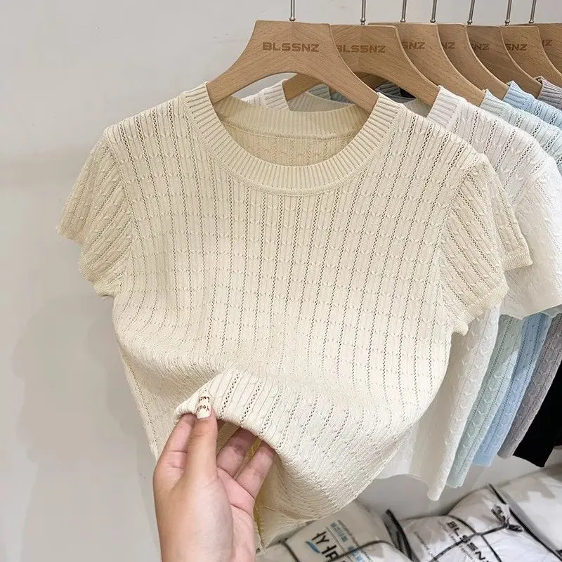 

Новинка лета 2025 года, женская футболка с круглым вырезом и коротким рукавом, свободный и универсальный полый вязаный топ