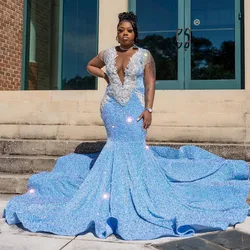 Light Blue Mermaid Dress Sequins Ruffled Sleevless Luxury South Africa Appliques Crystal Beaded Evening Dresses For Wedding