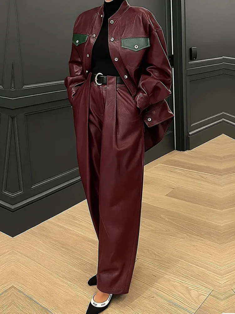 

Gymystars Осенние винно-красные комплекты из искусственной кожи из двух предметов для женщин Модные широкие брюки Элегантная куртка на пуговицах Элегантный брючный костюм без пояса