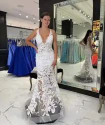 Vestido De novia elegante blanco personalizado, línea A, apliques De encaje con volantes, cuello en V, sin mangas, vestido De novia Sexy