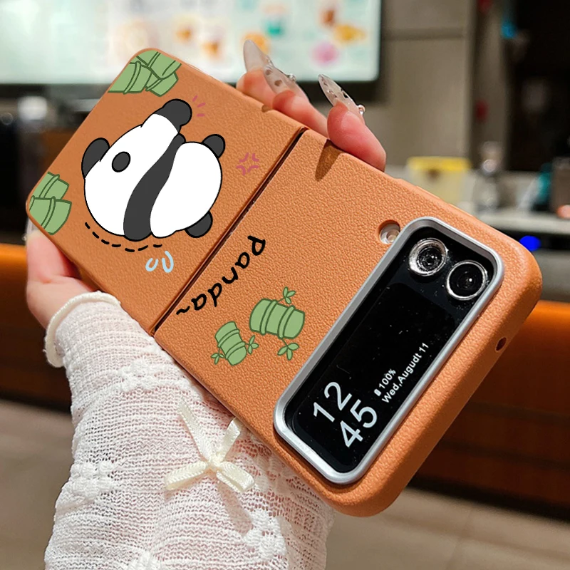 For Samsung Galaxy Z Flip6 Flip5 Flip4 Case Headless Panda Leather Texture Silicone Folding Cover For Samsung Z Flip 6 5 4 3