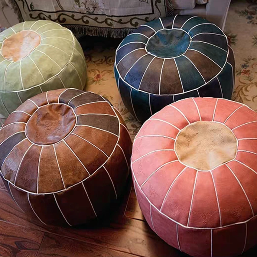 Round Moroccan Seat Cushion 55CM Faux Leather Patchwork Craft Floor Hassock Ottoman Footstool Large Un-stuffed Sitting Pillow