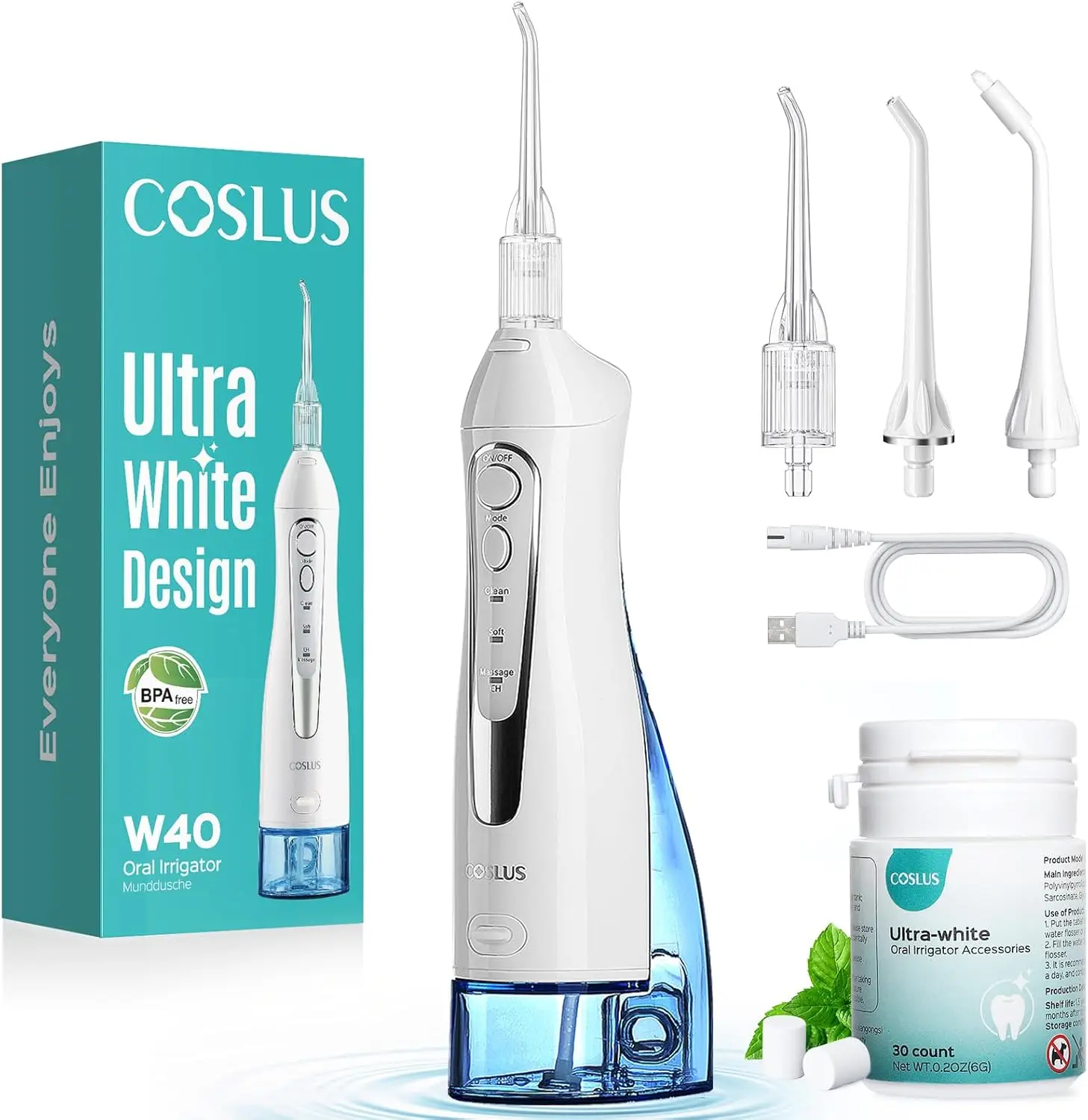 

Портативный ирригатор для полости рта с 30 отбеливающими мятными насадками для ухода за зубами, брекетами и деснами - перезаряжаемый, без BPA