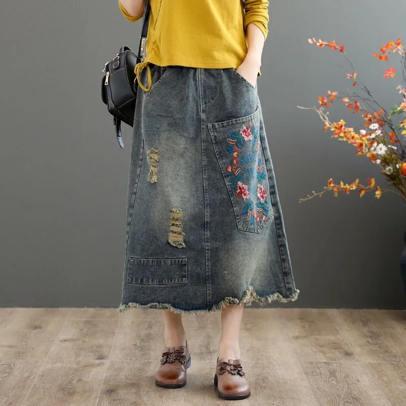 Women Denim Skirt Y2k Clothes Long Skirt Harajuku Fashion Vintage Floral Embroidery A-line Jean Skirt Woman