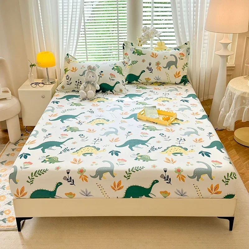 Cartoon Dinosaurs Fitted Sheet Set 3Pcs Cotton Kawaii Mattress Cover Wild Animal Flower Leaf Bedding Set for Boys Girls Adult