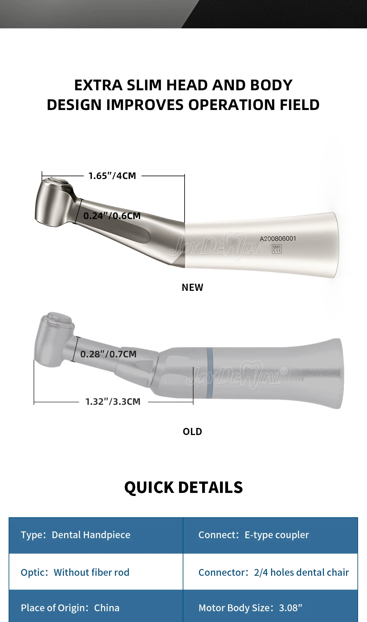 1 Stück JOY DENTAL Niedrigdrehzahl-Handstück 1:1 Winkelstück für ø2,35mm CA-Bohrer Druckknopf Gerader Nasenkegel Luftmotor 2/4 Löcher – Detail 9