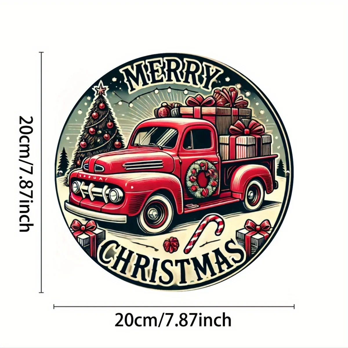 1pc, 8x8 inches Round Iron Aluminum Waterproof Sign, Vintage Red Tractor with Christmas Tree, 