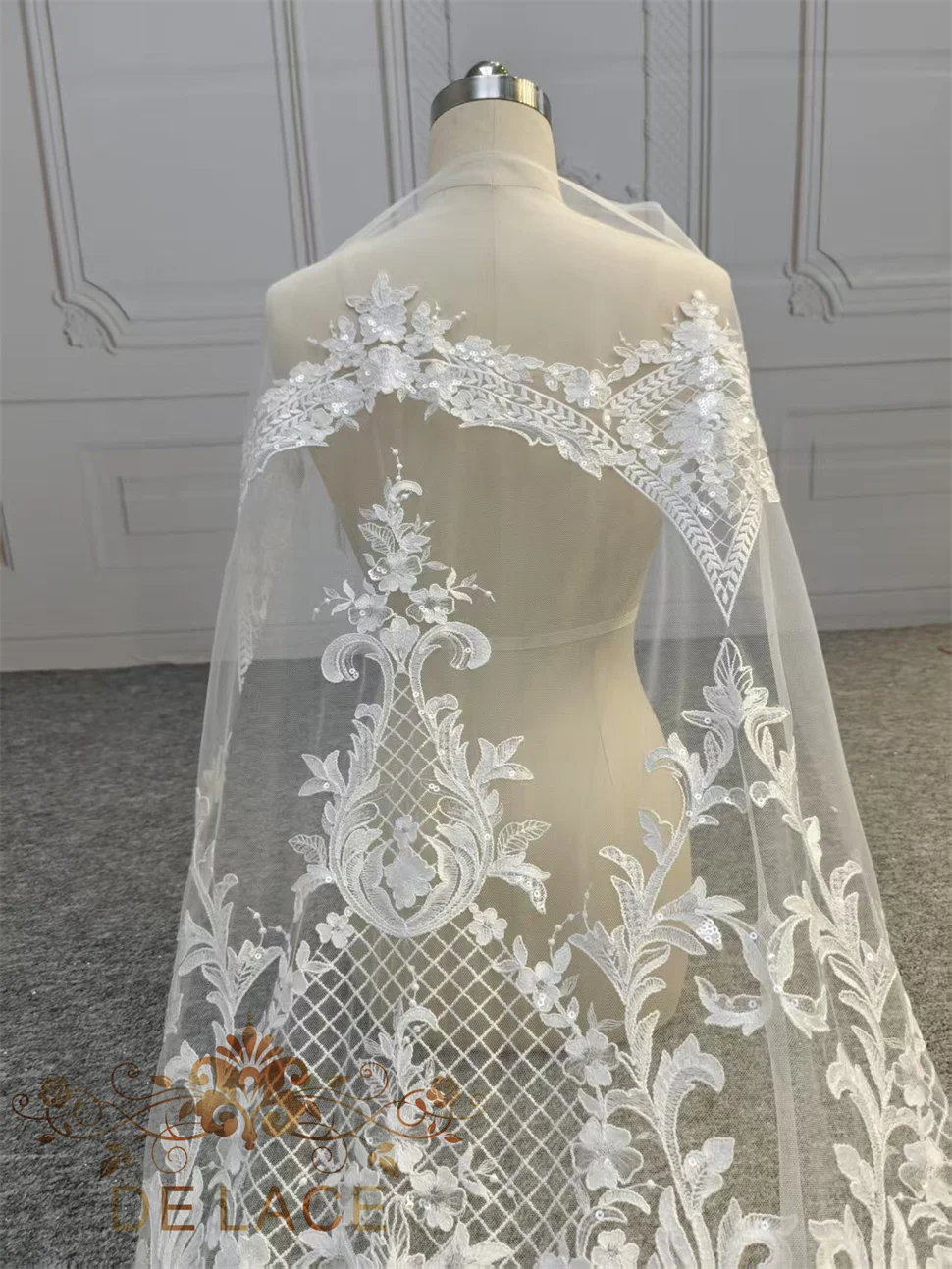 DIY Wedding Dress with Embroidery Tulle White Lace Floral Pattern Mesh Fabric with Sequin Decoration for Garments