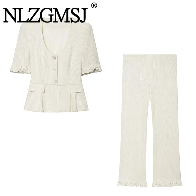 Nlzgmsj 2026 Elegantes Damen-Zweiteiler-Set mit Rüschen, Einreihiges Kurzarm-Oberteil und Schlaghose, Lässiges Büro-Outfit