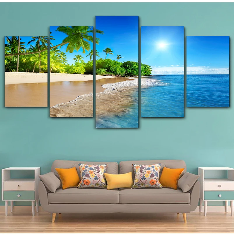 Wall Art Decor Living Room Framework 5 Pieces Sea Water Palm Trees Sunshine Seascape Modular Paintings Canvas Pictures HD Prints