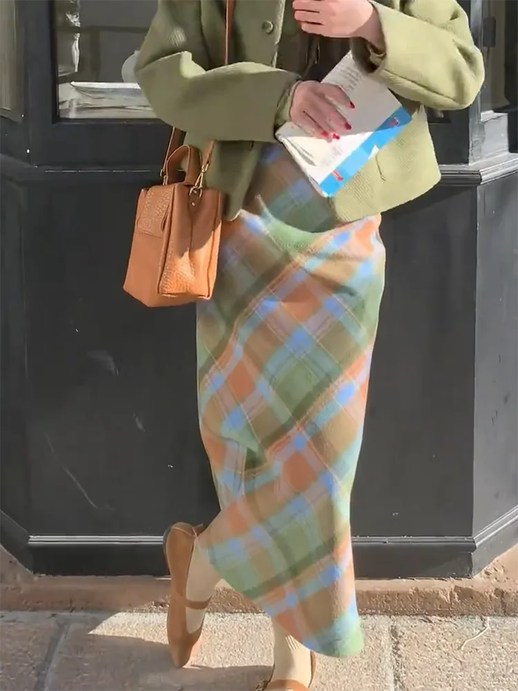 

Юбка женская утепленная в клетку с высокой талией, корейский стиль, для офиса, больших размеров, весна-осень-зима