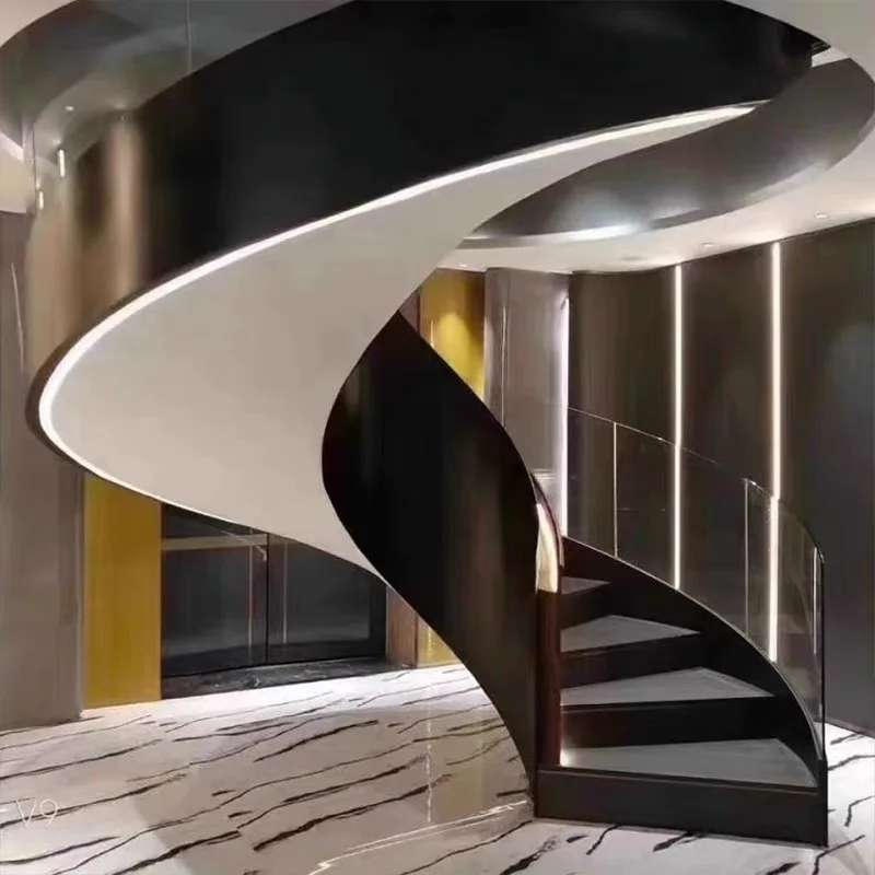 custom.Luxury Design Polished Steel Double Stringer Marble/wooden Step Curved Stairs With Customized Stair Railing For Sale