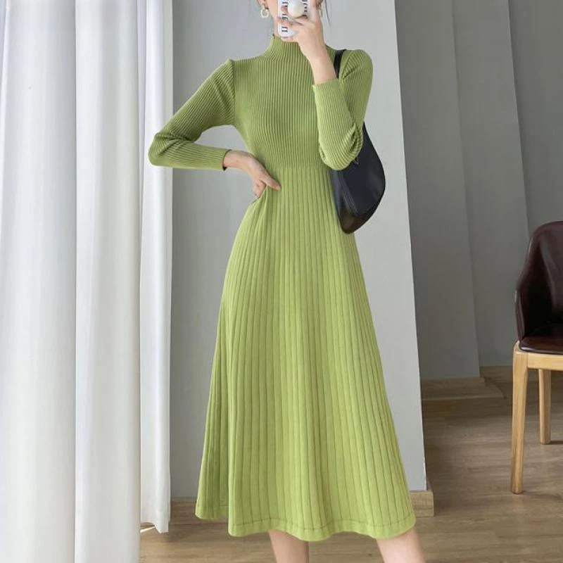 

2023 Autumn Winter Knitted Dresses Women Korean Style Elegant Casual Vintage Mid Dress Fashion Long Sleeve A-line Knit Dress