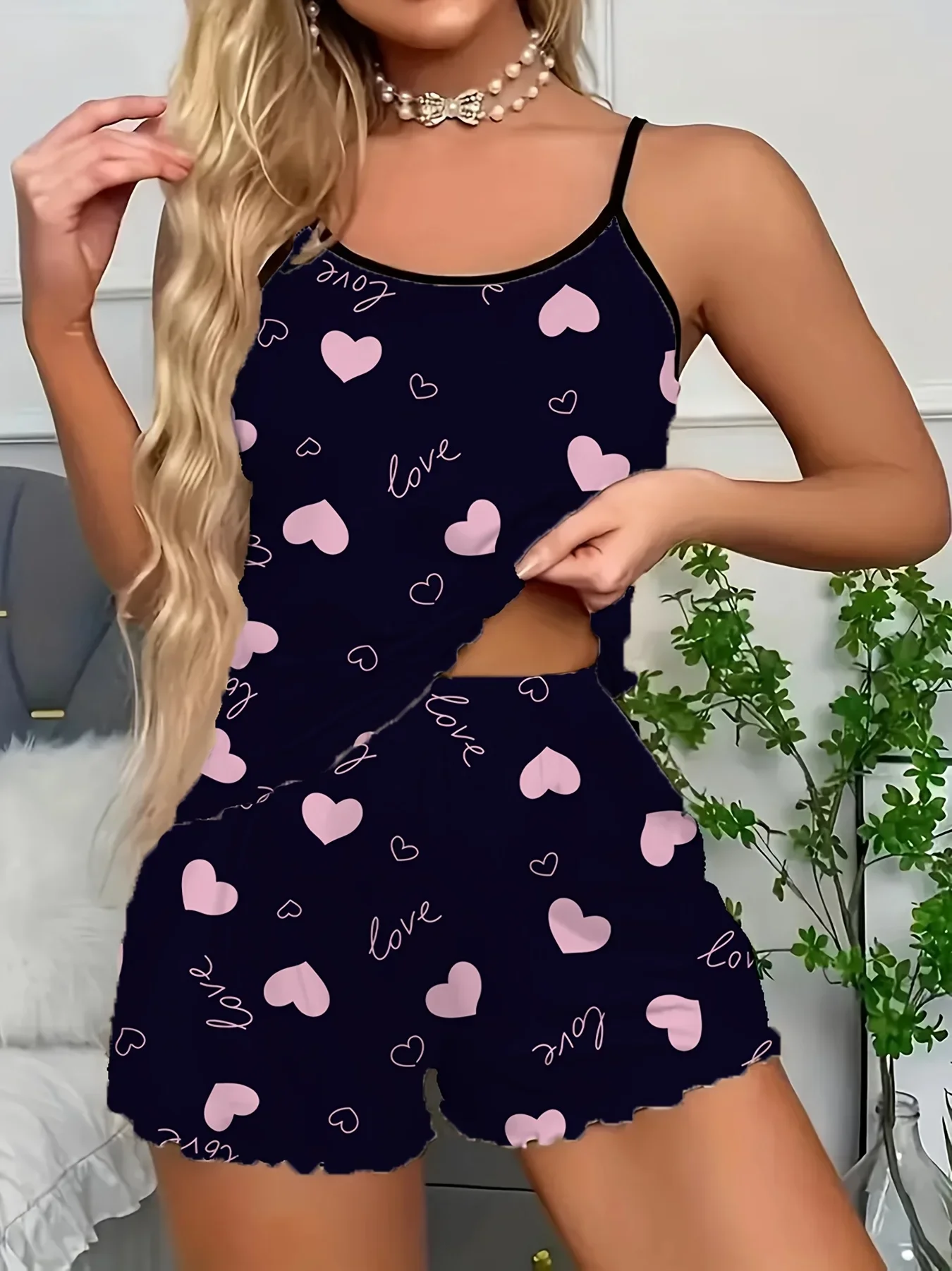 

Bow Heart Print Pajamas Set for Women's Sleepwear Backless Crop Top and Shorts, Comfortable Loose Fit Summer Loungewear