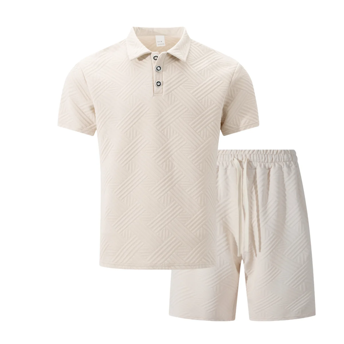 Men Fashion Solid Color Jacquard Lapel Polo Tops Matching Shorts Casual Wear Breathable Versatile Daily Sports Male Suit