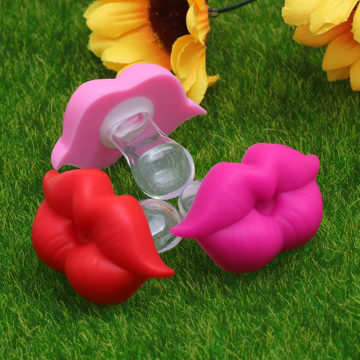 3pcs Silica Gel Silicone Baby Pacifier Clips Holders Baby Rings for Infant (1pc Red Kiss Lip + 1pc Lip + 1pc Rose Red
