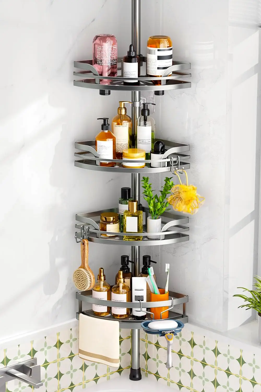 

Adjustable Tension Pole Shower Caddy: 4-Tier Rustproof Bathroom Shelf with Soap Holder, Large Capacity for Storage