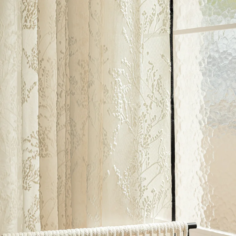

French Cream Style Velvet Pole Twig Pattern with Black Edging Strip Unique Design Bedroom Living Room Opaque Tulle Curtains