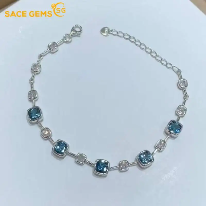 

SACE GEMS 925 Sterling Silver 5MM Natural London Blue Topaz Gemstone Bracelrts for Women Engagement Cocktail Party Fine Jewelry