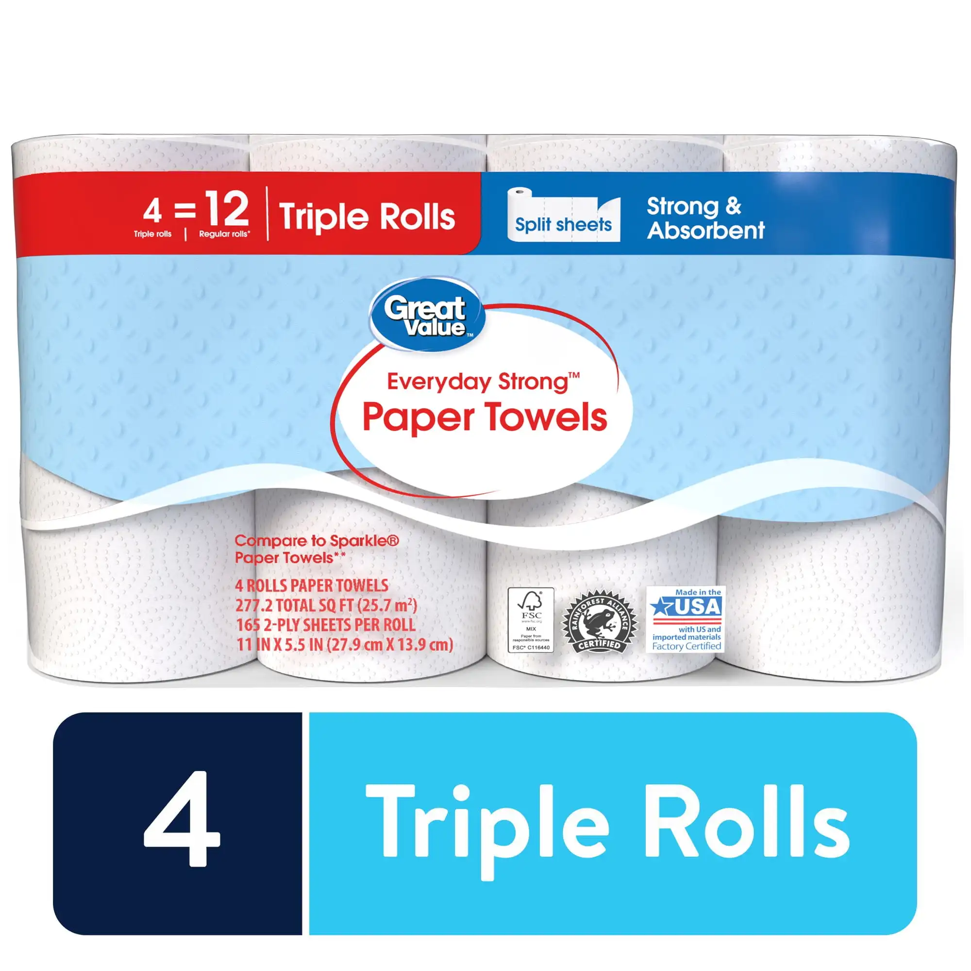 

Everyday Strong Paper Towels, Split Sheets, 4 Triple Rolls