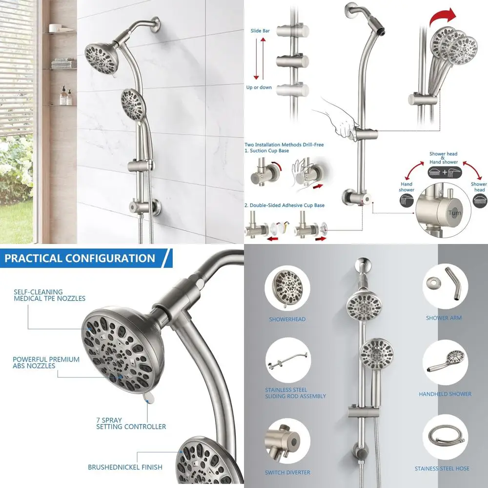 رأس دش قابل للتعديل بارتفاع 48 إعدادًا مع محول محمول باليد، محول ثلاثي الاتجاهات، لمسة نهائية من النيكل المصقول #1