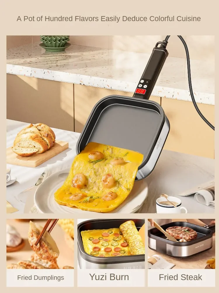 220V Non-stick Electric Skillet Egg Frying Pan with Detachable Handle for Breakfast Pancakes and Steaks