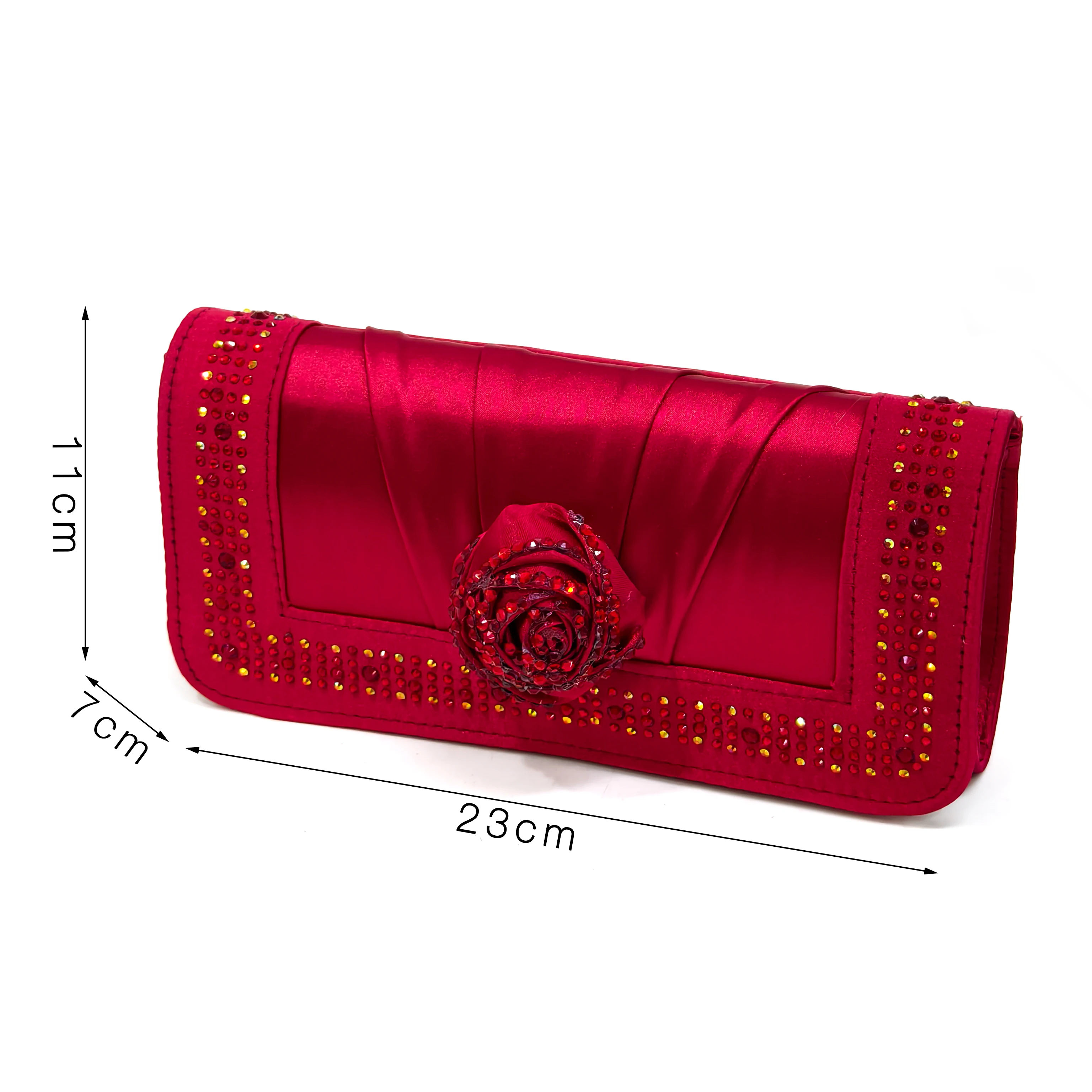 Venus Chan Red Color Roses Decorated Rhinestones Stylish and Elegant Pointed Toe Pumps With Matching Bags for Women's Parties