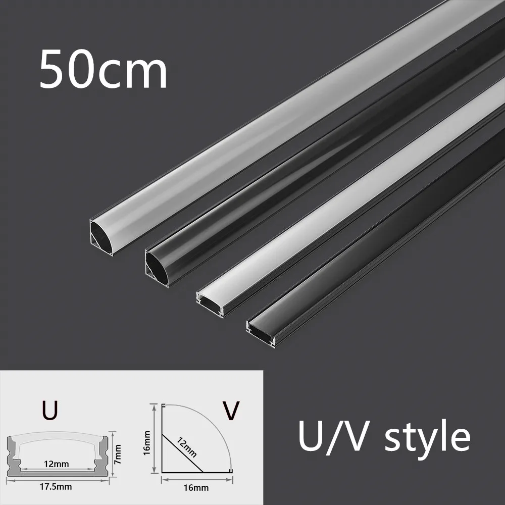 1-30PCS/Lot 0.5m Black V/U LED Aluminum Profile For 5050 5630 Channel Holder Milky Cover Cabinet Closet Linear Bar Strip Lights