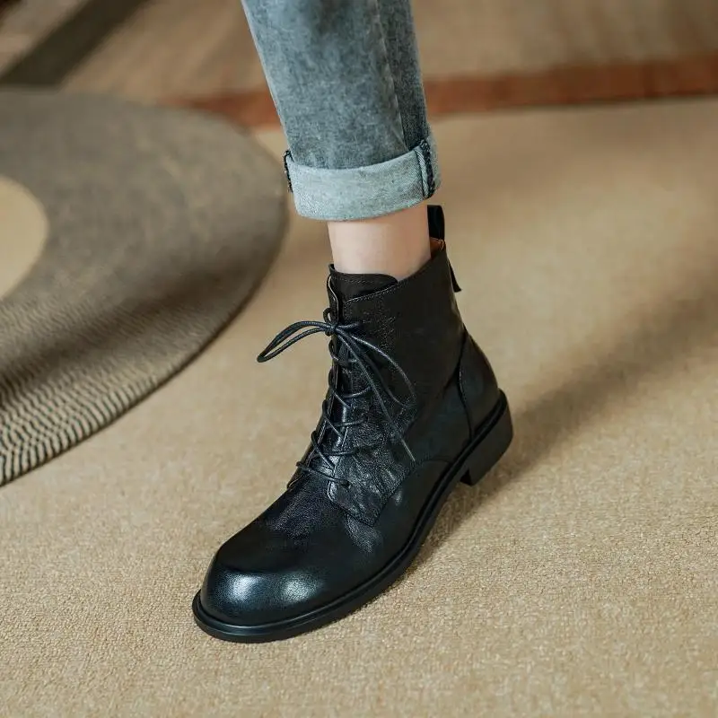 Krazing Pot Sheep Leather Round Toe Winter Spring Warm Chelsea Boots Thick Low Heels Lace Up Vintage Color Luxury Ankle Boots