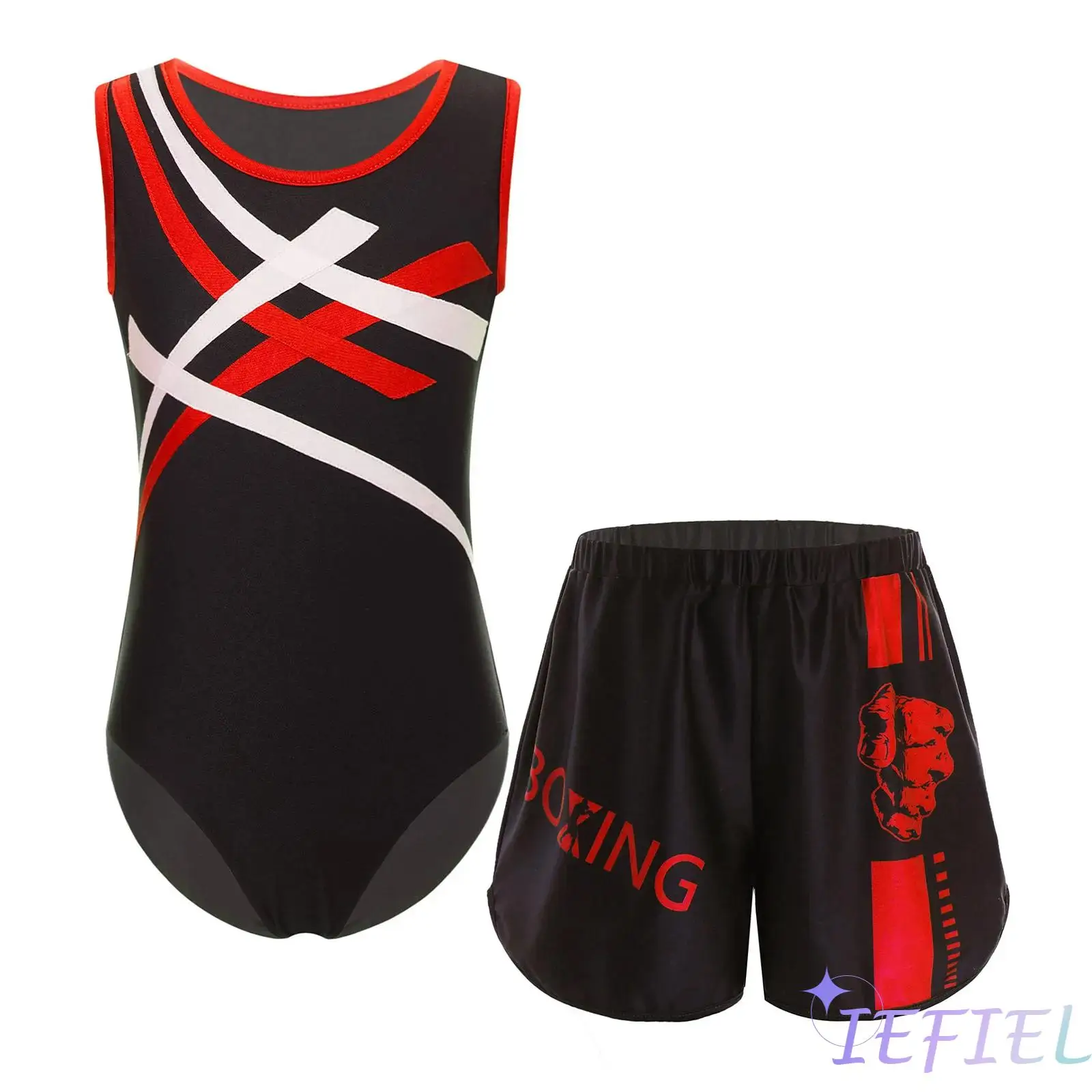 

Boys Gymnastic Training Boxing Competition Costume Sleeveless Patchwork Contrast Color Leotard with Color Block Printed Shorts