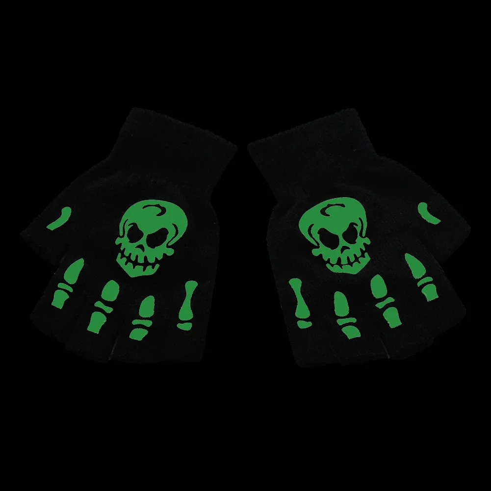 Adult Kid Luminous Gloves Halloween Bone Skeleton Head Gag Half Finger Mitten Winter Warm Fitness Cycling Glove Glow In The Dark