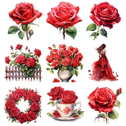 Iron-on Transfer For Clothing Vintage Floral Heart girlDIY Washable T-shirts Thermal Sticker Beautiful red Rose Patches Applique
