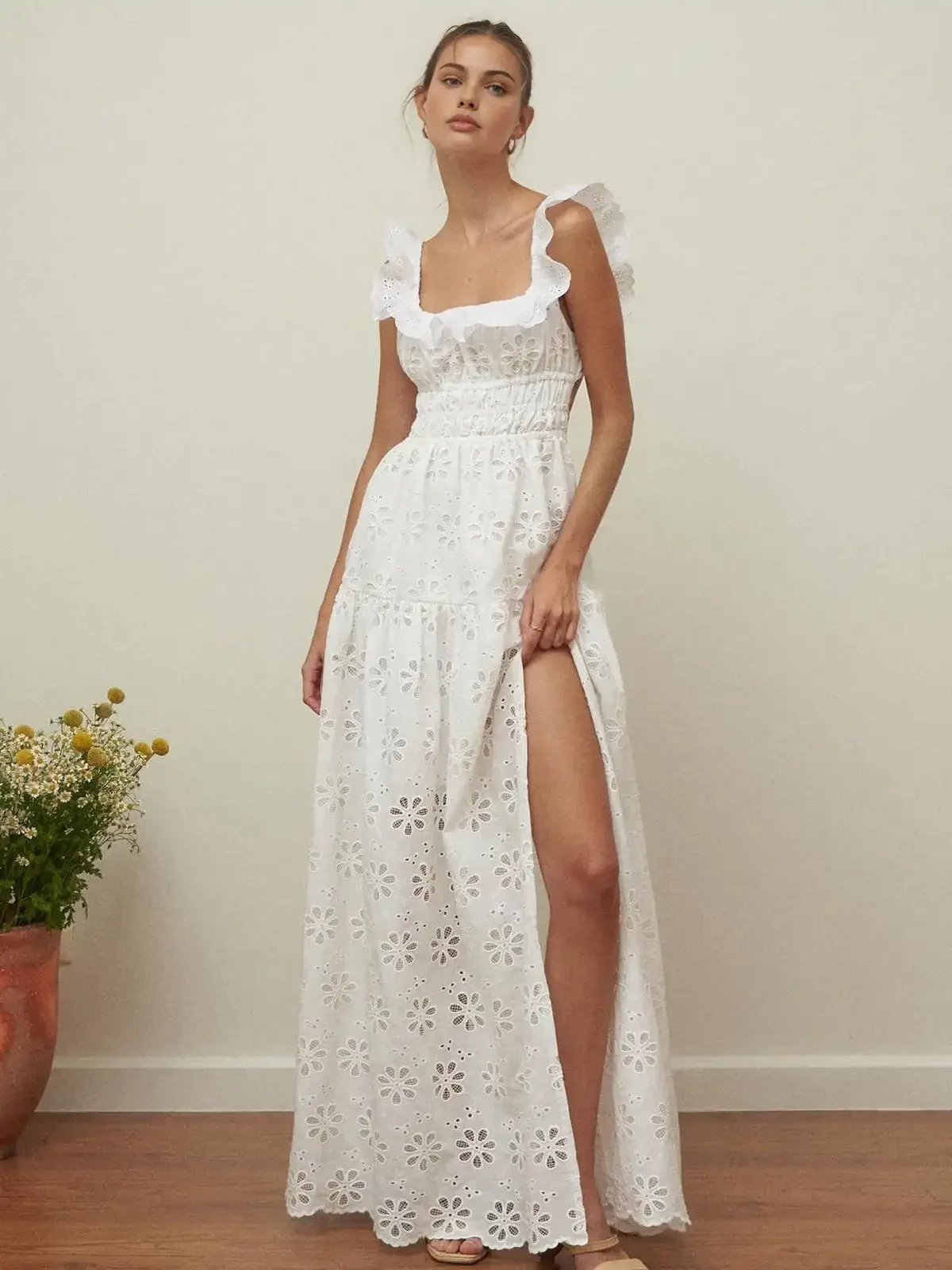 

2024 Embroidered Long Dress White Women Dress Ruffle Cotton Eyelet Hollow Out Short Dress Summer Beach Female