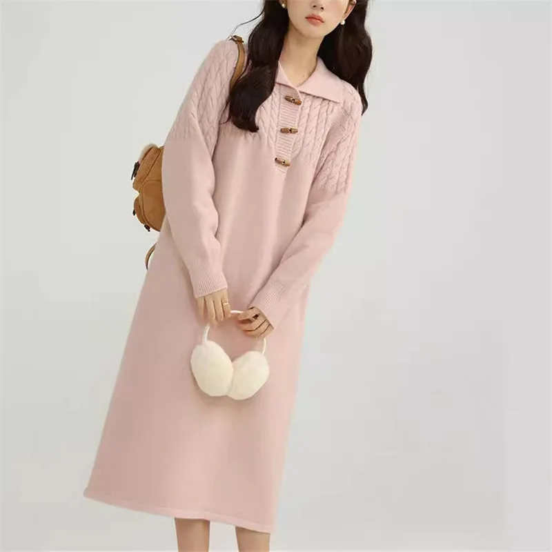 

Loose Slimming Long Dress Tassel Lapel Sleeve Long Comfortable Korean Style Thickened Knitted Sweater Dress Women's Winter