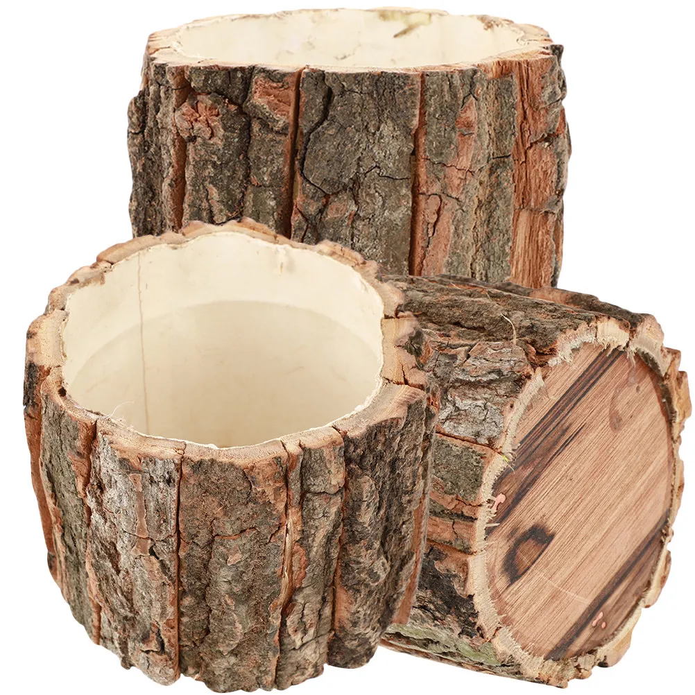 3Pcs Wood Bark Flower Pot Natural Grain Farmhouse Style Home Decor Vase for Living Room Kitchen Shelf Mantel Indoor Outdoor