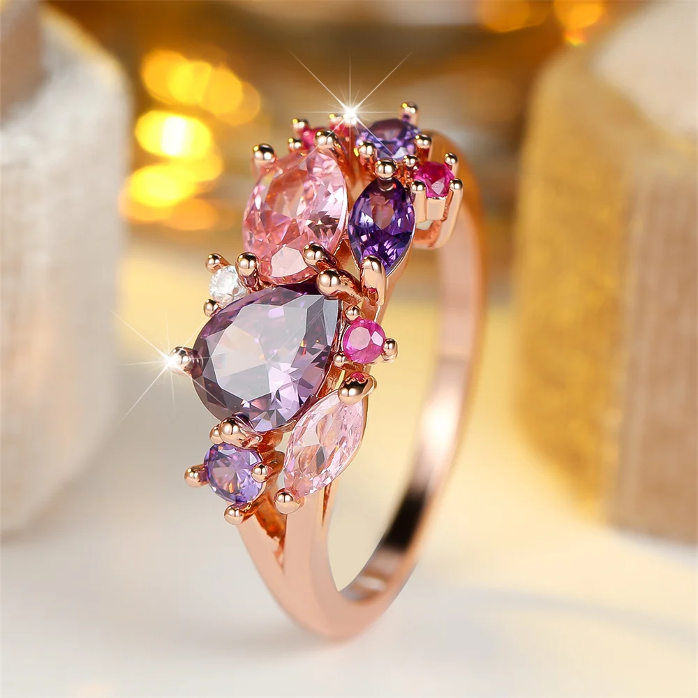 Lila Kristall-Wassertropfen-Stein, rosa Zirkon-Ringe für Frauen, Vintage-Stil, Roségold-Farbe, Verlobung, Hochzeit, Schmuck, Muttertagsgeschenk