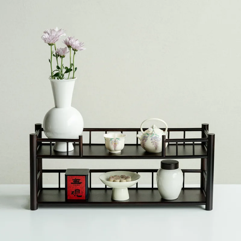 Bamboo Double-Layer Tea Set Storage Rack, Table Desktop Storage, Teapot, Cup, Purple Clay Teapot Placement Bo Gu R