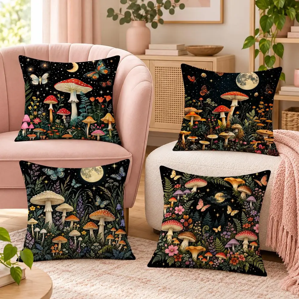 Enchanted Night Mushroom & Butterfly Cushion Cover Pillow Case Organic Short Plush Cushion Covers Washable Wrinkle-Resistant
