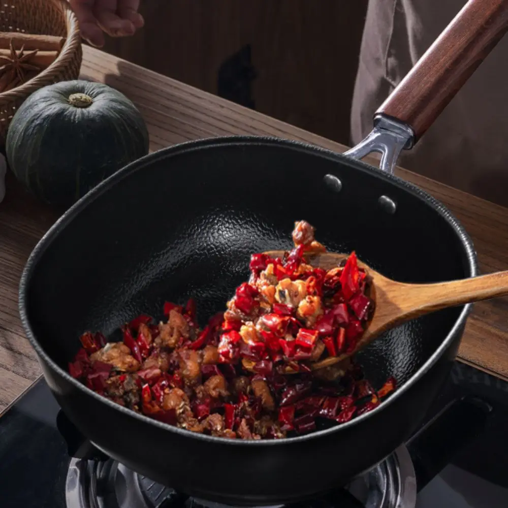 

Durable Refined Iron Square Frying Pan Wood Handle Flat Bottomed Wok No Coating with Visible Cover Stockpot Stove