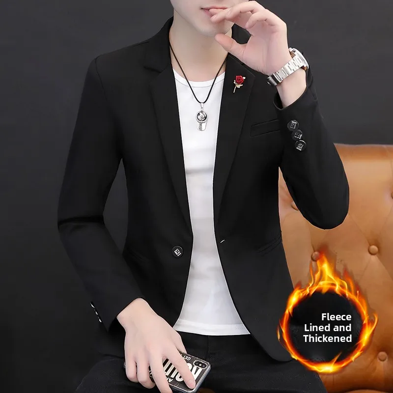 

Мужской повседневный утепленный флисовый пиджак на одной пуговице для осени и зимы, модный, приталенный, городской стиль, с длинным рукавом