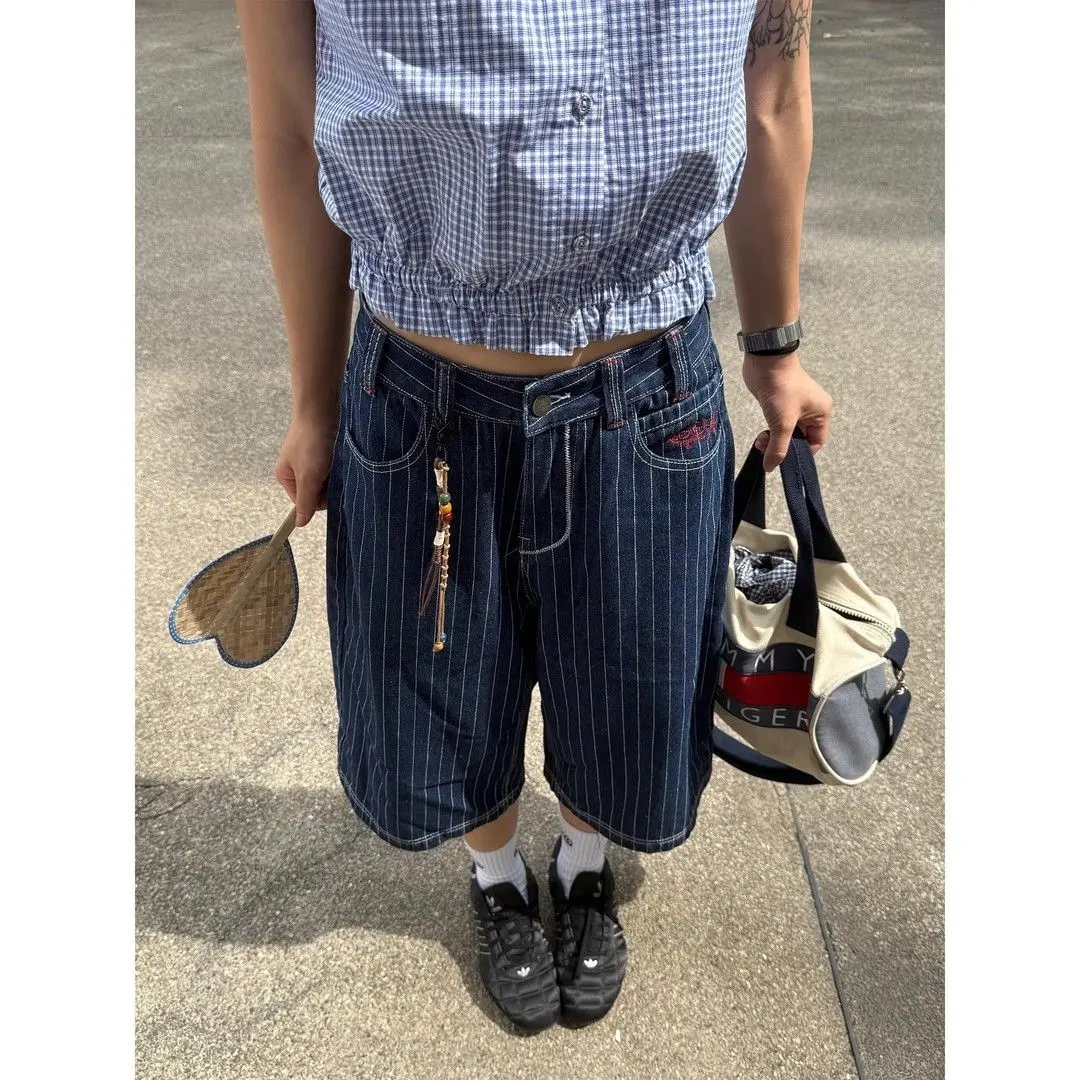 Calça jeans feminina listrada azul clara, vintage, verão, harajuku, y2k, baggy, japonesa, 2000s, tamanho grande
